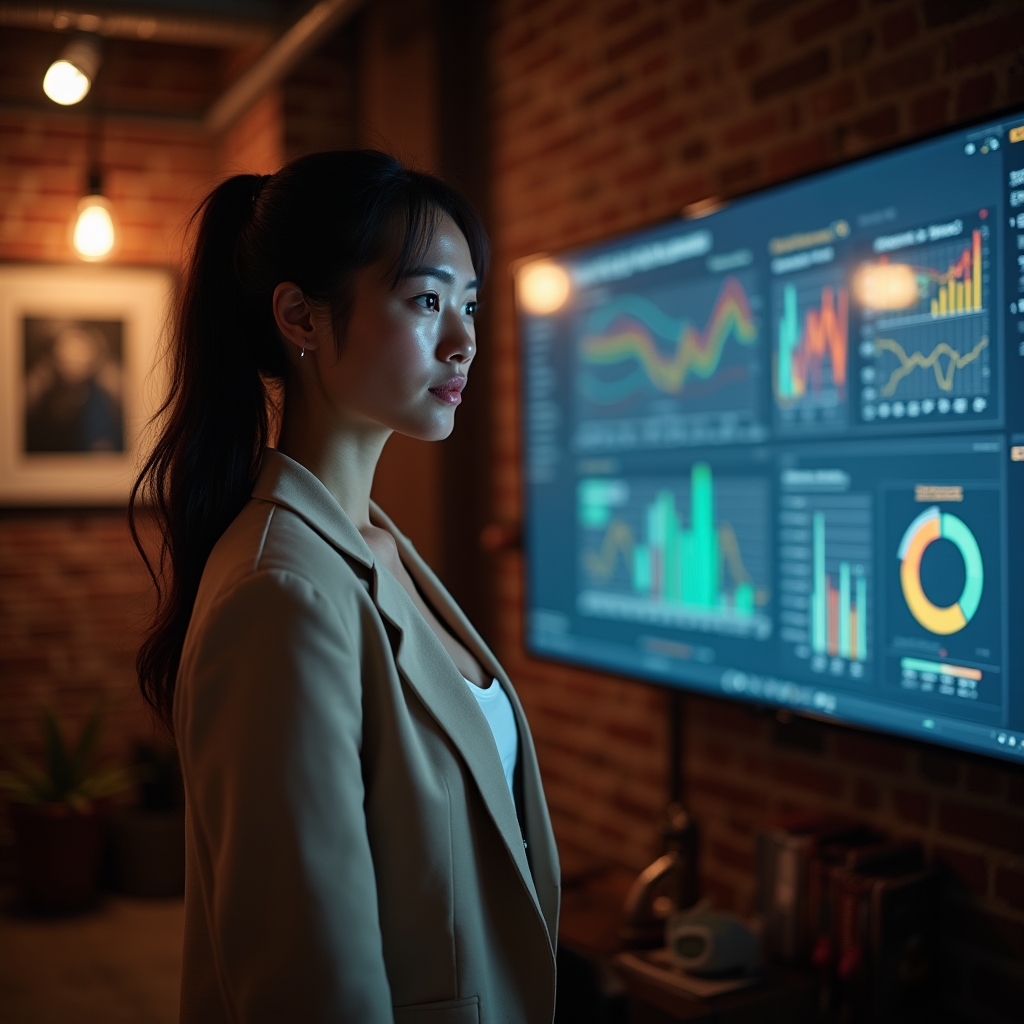 Profesionist analizând un dashboard de business intelligence într-un birou industrial-chic